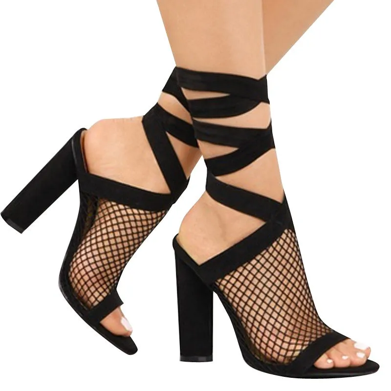 Bandage Flock Cross Strap Lace Up Meshed High Heels