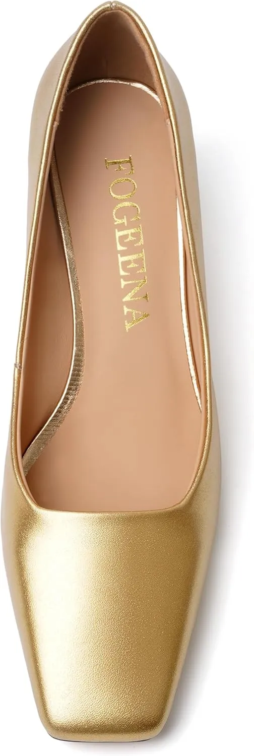 FOGEENA Womens Solid Party Square Toe Slip On Casual Matte Leather Chunky Low Heel Pumps Shoes 2.2 Inch