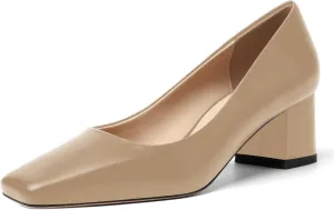 FOGEENA Womens Solid Party Square Toe Slip On Casual Matte Leather Chunky Low Heel Pumps Shoes 2.2 Inch