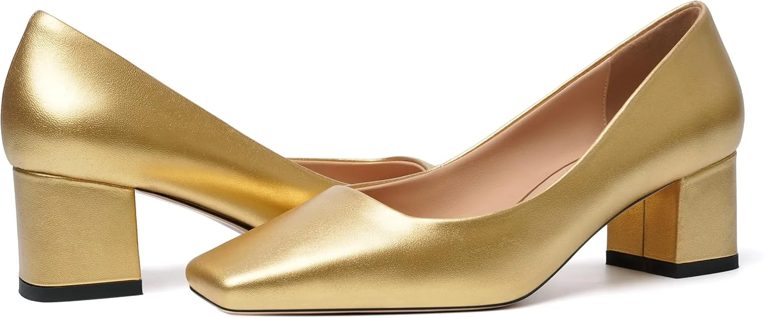 FOGEENA Womens Solid Party Square Toe Slip On Casual Matte Leather Chunky Low Heel Pumps Shoes 2.2 Inch