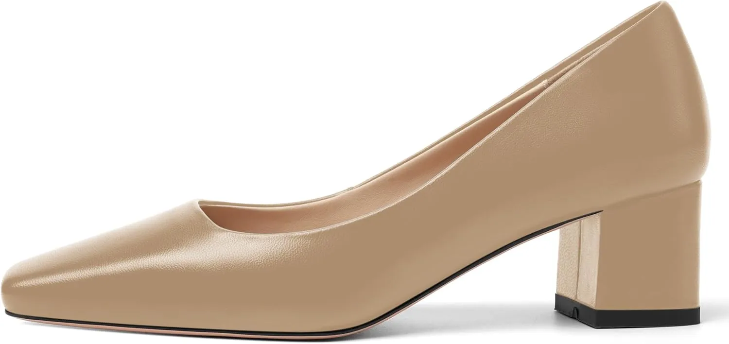 FOGEENA Womens Solid Party Square Toe Slip On Casual Matte Leather Chunky Low Heel Pumps Shoes 2.2 Inch