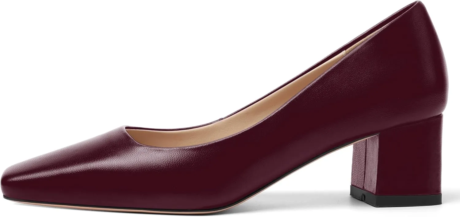FOGEENA Womens Solid Party Square Toe Slip On Casual Matte Leather Chunky Low Heel Pumps Shoes 2.2 Inch