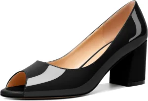 Mettesally Womens Peep Toe Pumps Low Chunky Heels Slip On Comfortable Open Toe Wedding Prom Dressy Shoes