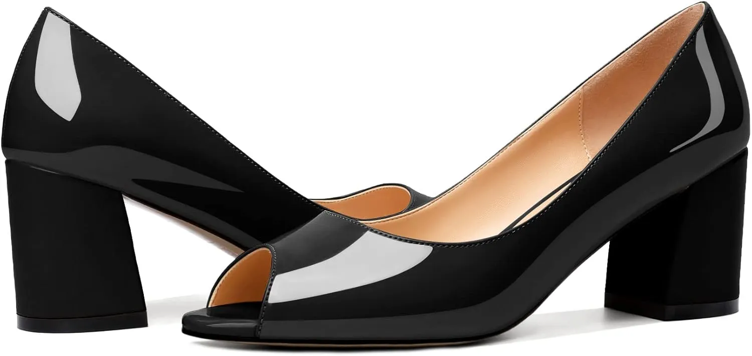 Mettesally Womens Peep Toe Pumps Low Chunky Heels Slip On Comfortable Open Toe Wedding Prom Dressy Shoes