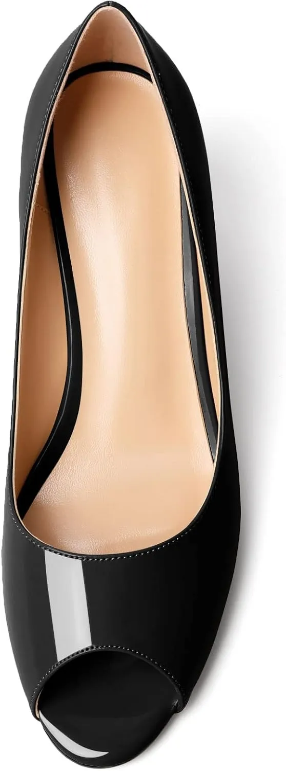 Mettesally Womens Peep Toe Pumps Low Chunky Heels Slip On Comfortable Open Toe Wedding Prom Dressy Shoes