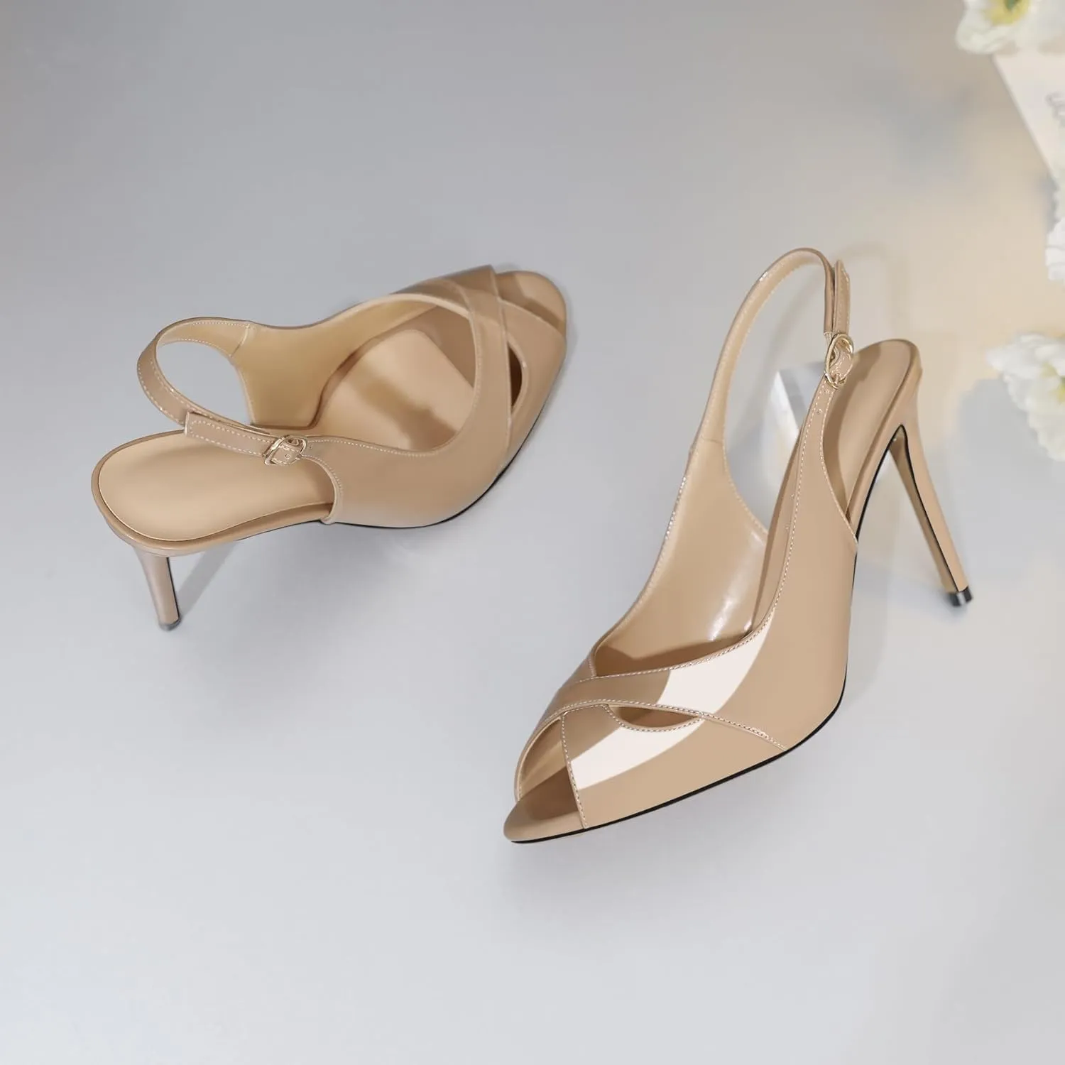 Soireelady Womens Slingback Heels Peep Toe Stiletto High Heel Pumps Slip On Stilettos Cross Strap Adjustable Buckle Dress Shoes Patent Leather 4 Inches