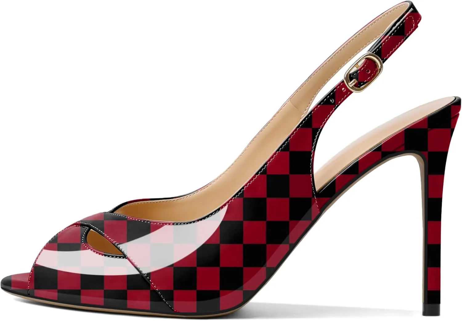 Soireelady Womens Slingback Heels Peep Toe Stiletto High Heel Pumps Slip On Stilettos Cross Strap Adjustable Buckle Dress Shoes Patent Leather 4 Inches