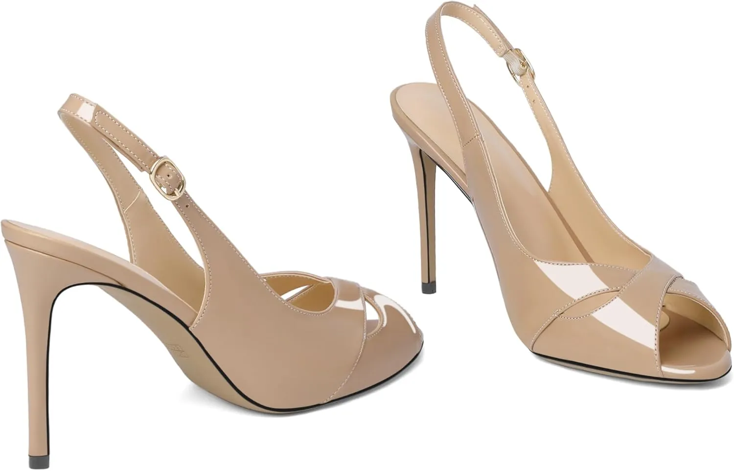 Soireelady Womens Slingback Heels Peep Toe Stiletto High Heel Pumps Slip On Stilettos Cross Strap Adjustable Buckle Dress Shoes Patent Leather 4 Inches