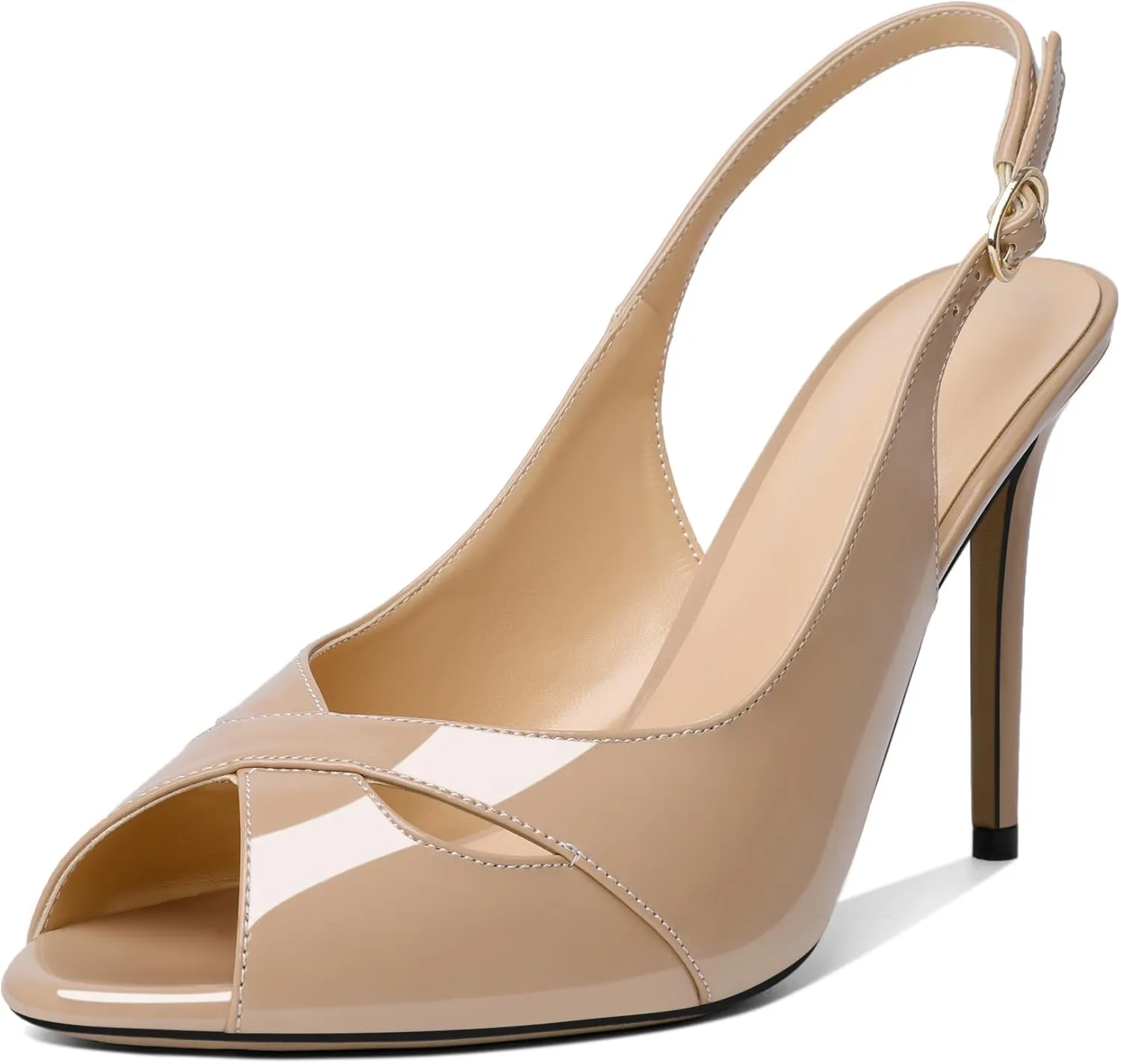 Soireelady Womens Slingback Heels Peep Toe Stiletto High Heel Pumps Slip On Stilettos Cross Strap Adjustable Buckle Dress Shoes Patent Leather 4 Inches