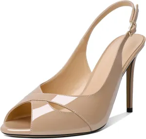 Soireelady Womens Slingback Heels Peep Toe Stiletto High Heel Pumps Slip On Stilettos Cross Strap Adjustable Buckle Dress Shoes Patent Leather 4 Inches