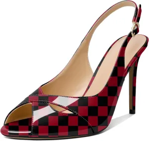 Soireelady Womens Slingback Heels Peep Toe Stiletto High Heel Pumps Slip On Stilettos Cross Strap Adjustable Buckle Dress Shoes Patent Leather 4 Inches