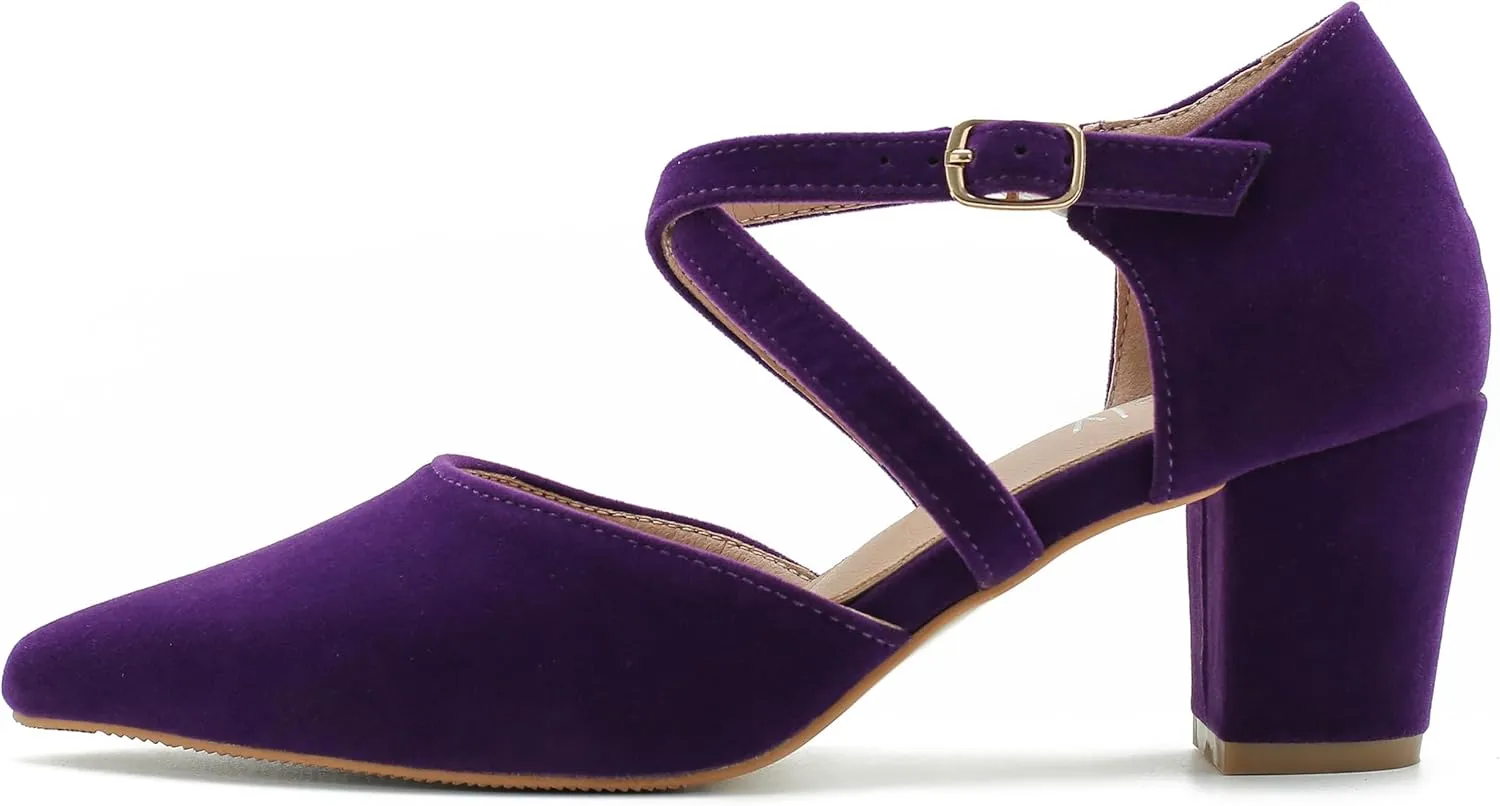 Women's Chunky Heel Pumps Cross Strap Closed Pointed Toe Dress Shoes