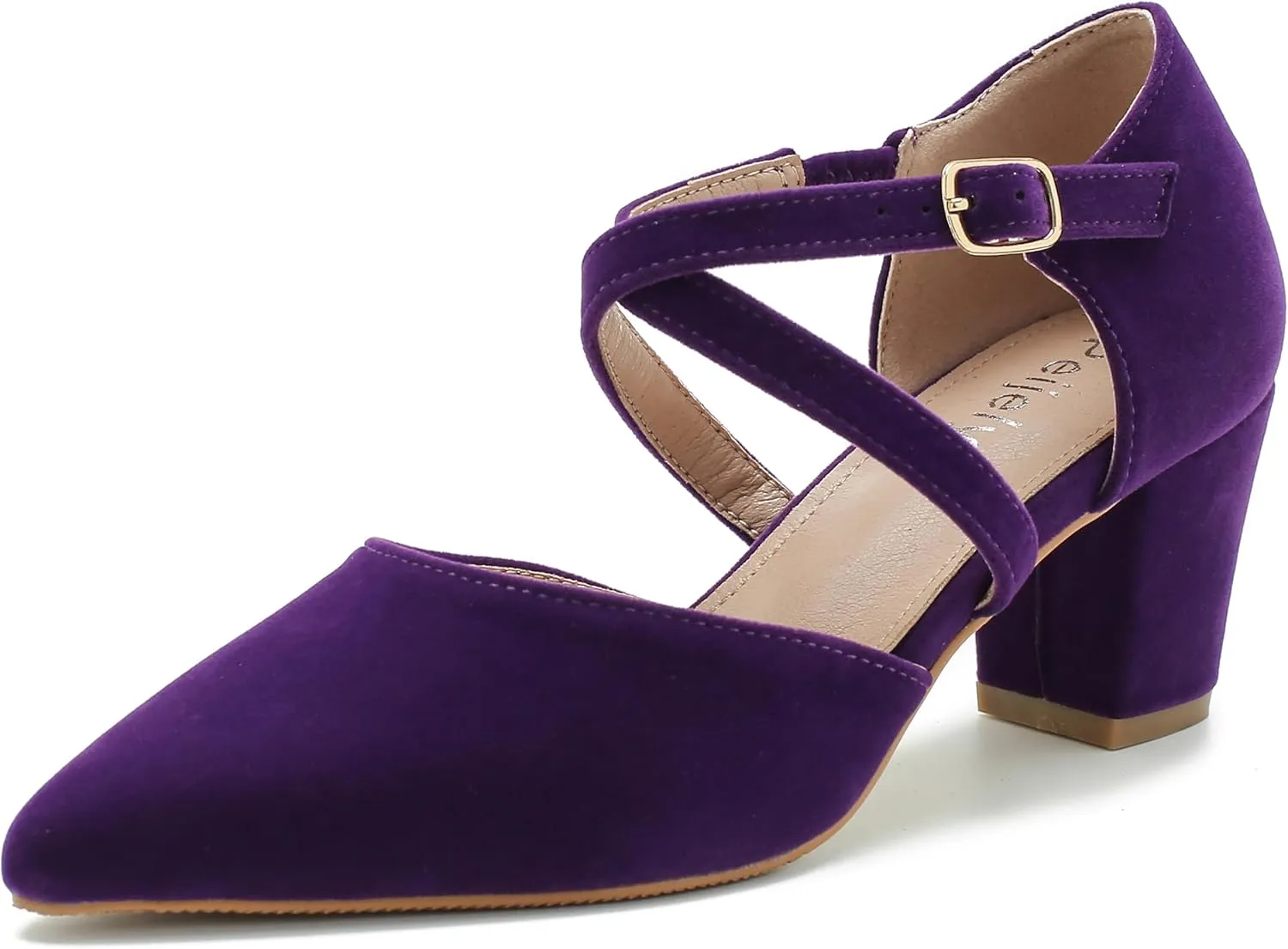 Women's Chunky Heel Pumps Cross Strap Closed Pointed Toe Dress Shoes