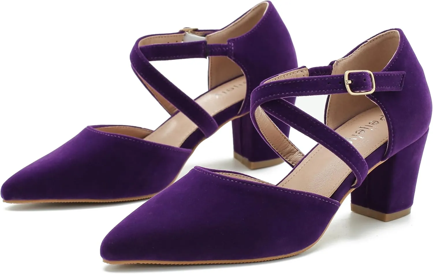 Women's Chunky Heel Pumps Cross Strap Closed Pointed Toe Dress Shoes